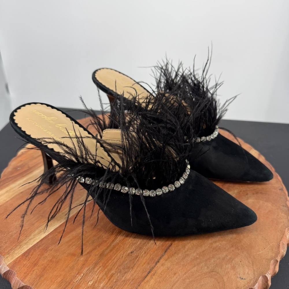 Nicola Bathie Black Feathered Rhinestone Mules